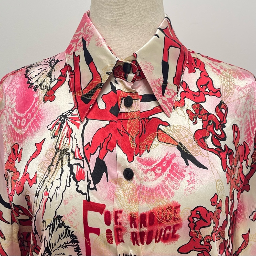 ESCADA Silk Long Sleeve Button Down Red Paris Shirt Size 34 X-Small - Picture 3 of 12